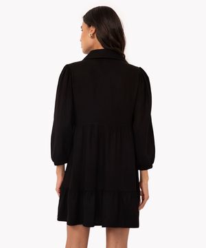 vestido chemise curto de viscose com recortes manga longa preto