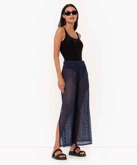 calça de renda vazada azul marinho