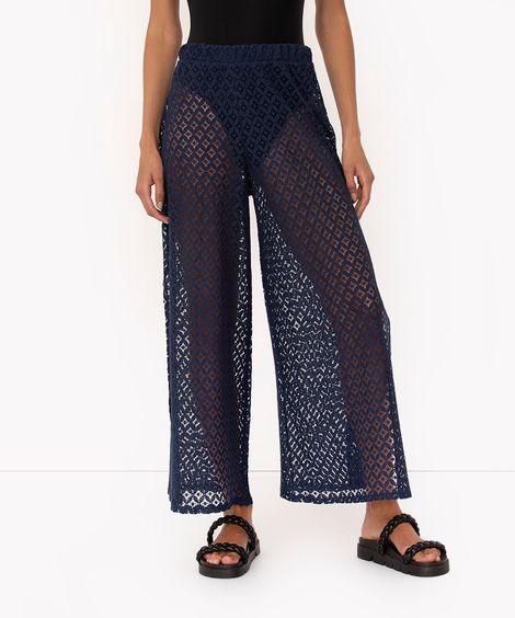 calça de renda vazada azul marinho