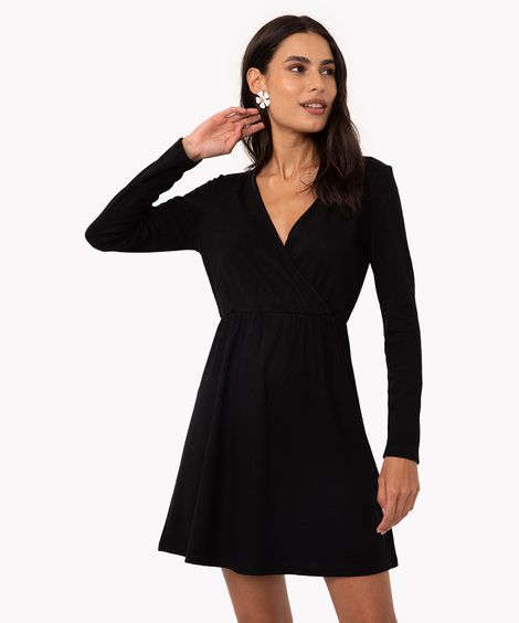 vestido curto de viscose transpassado manga longa preto