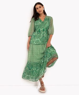 vestido bata longo estampado de chiffon com lurex verde