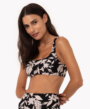 biquini top floral com bojo removível proteção uv preto