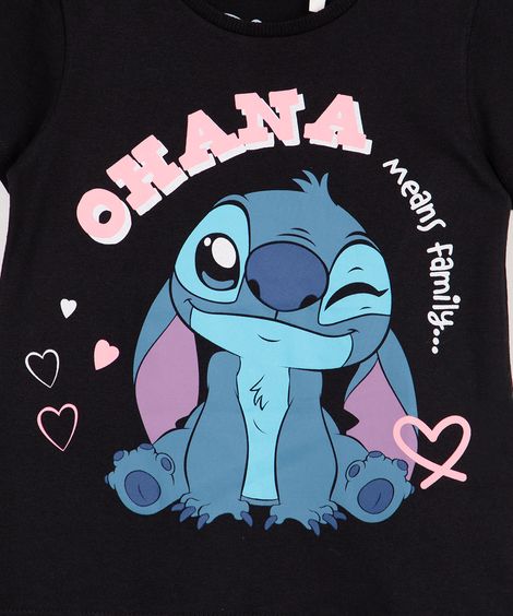 camiseta infantil stitch ohana manga curta preto