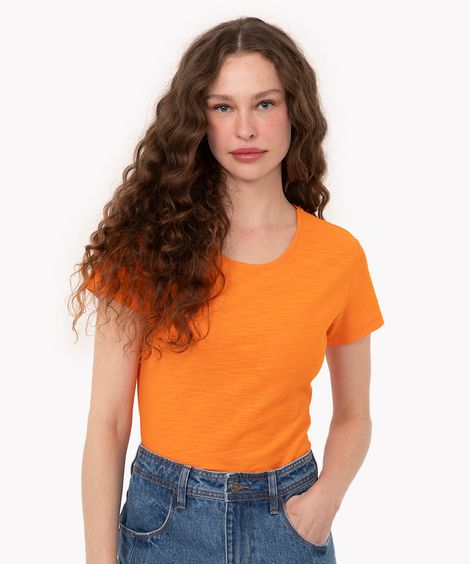camiseta de flamê básica manga curta decote redondo  laranja médio