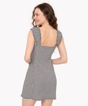 vestido curto xadrez com fru fru alça média preto