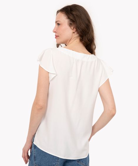 blusa de viscose gola laço manga curta com babado off white
