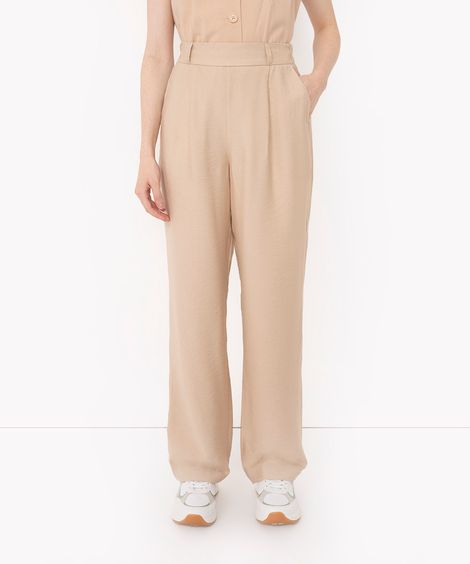 calça wide leg cintura alta com elástico bege