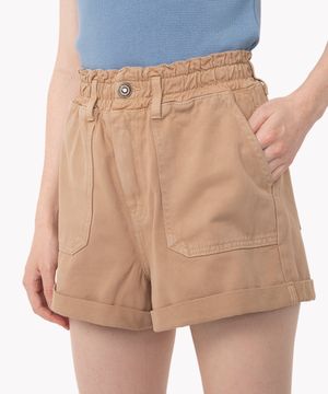 short de sarja clochard cintura super alta com bolsos kaki