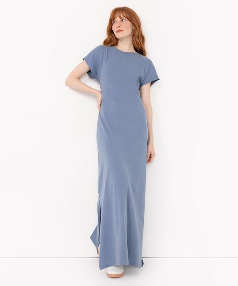 vestido de algodão longo com fenda azul