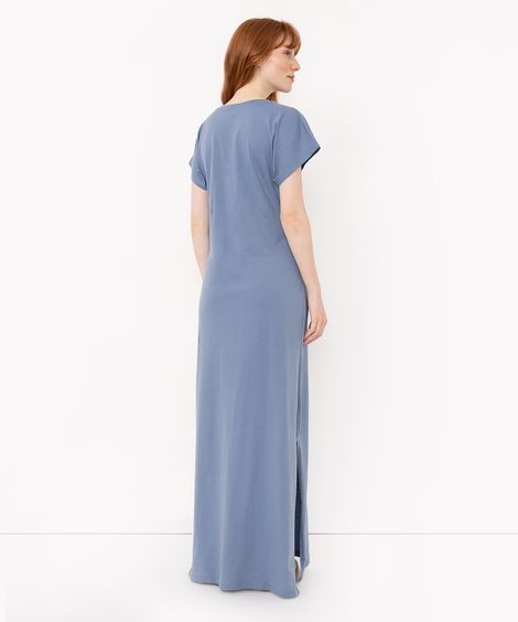 vestido de algodão longo com fenda azul