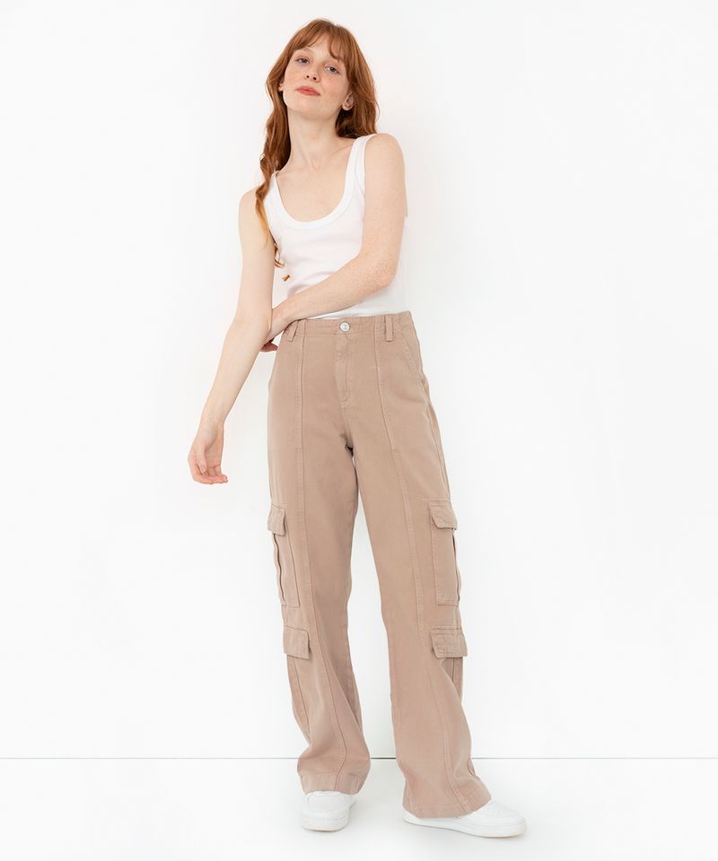 calça de sarja reta cargo cintura média rosa - C&A