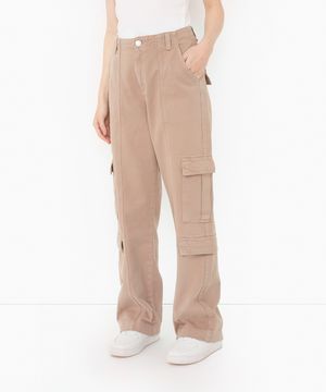 calça de sarja reta cargo cintura média rosa