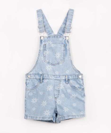 jardineira jeans infantil floral com bolsos azul claro
