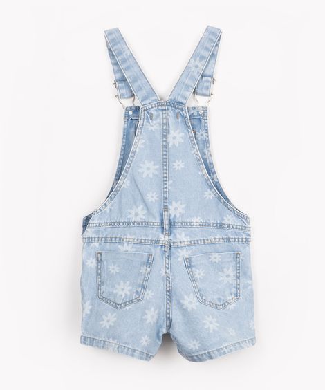 jardineira jeans infantil floral com bolsos azul claro