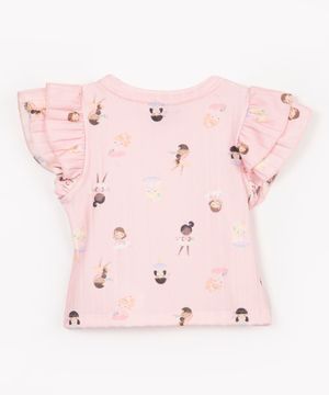 blusa infantil canelada bailarinas manga curta rosa chiclete