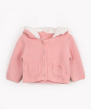 casaco de tricot infantil com brilho e pelúcia rosa