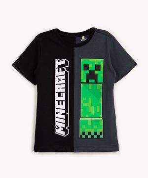 camiseta infantil de algodão minecraft preto