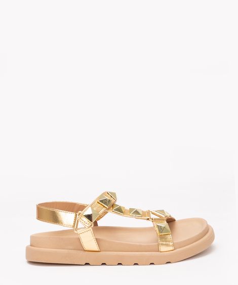 sandália flatform metalizada com tachas dourada