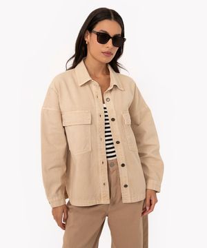jaqueta parka de sarja com bolsos kaki claro