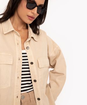 jaqueta parka de sarja com bolsos kaki claro