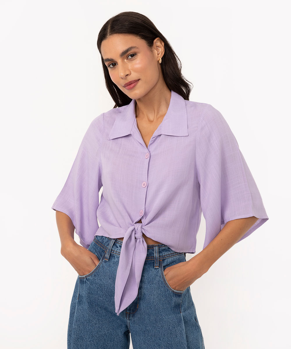cropped camisa de viscose com nó manga curta lilás