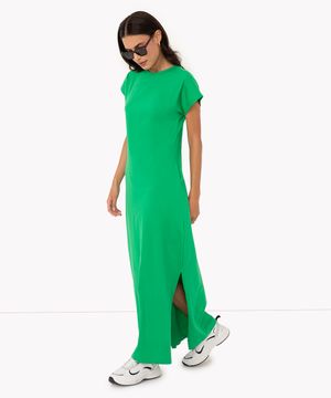 vestido de algodão básico com fenda longo manga curta verde