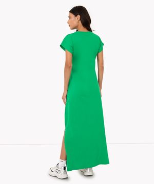 vestido de algodão básico com fenda longo manga curta verde