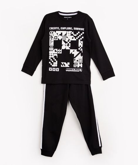 pijama de algodão infantil minecraft manga longa preto
