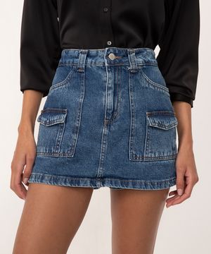 short saia cargo cintura alta com bolso azul médio