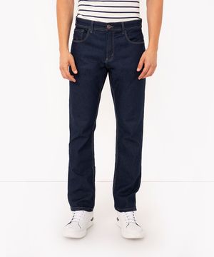 calça jeans reta com bolsos azul escuro