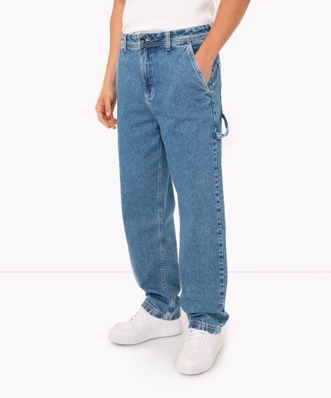 calça jeans wide leg com bolsos azul médio