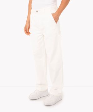 calça de sarja reta com bolsos e recortes off white