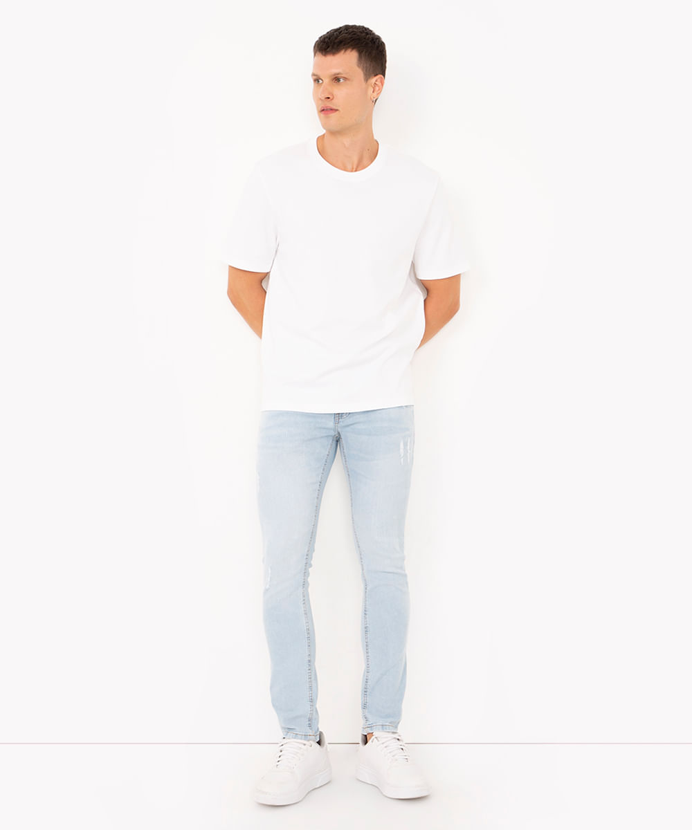 Calça Skinny Jeans com Puídos Azul Claro Menor preço em Calça Skinny Jeans com Puídos Azul Claro