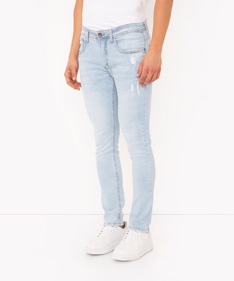 Calça Skinny Jeans com Puídos Azul Claro