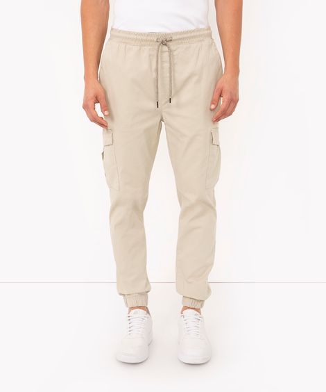 calça jogger cargo de sarja com cordão preta - areia