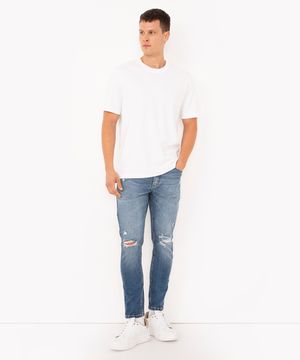 calça skinny jeans cropped destroyed azul médio