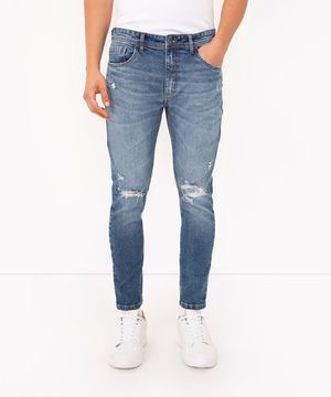 calça skinny jeans cropped destroyed azul médio