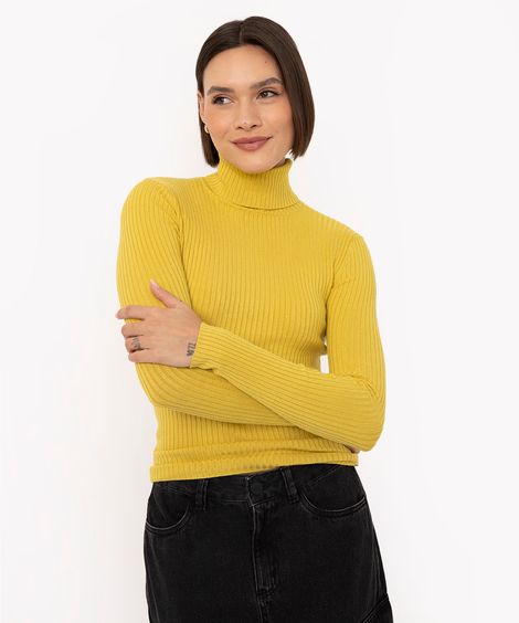 Blusa de Tricô Feminina Manga Longa Canelada Gola Alta Verde