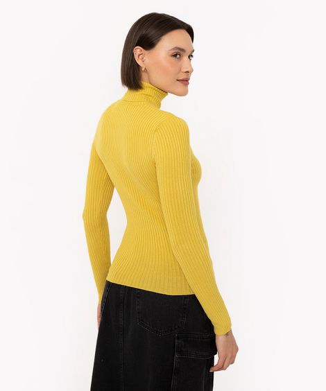 Blusa de Tricô Feminina Manga Longa Canelada Gola Alta Verde