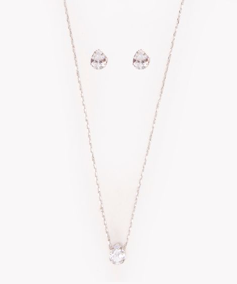 kit de brincos com colar gota de strass prateado
