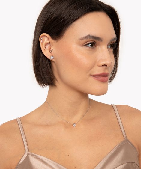 kit de brincos com colar gota de strass prateado