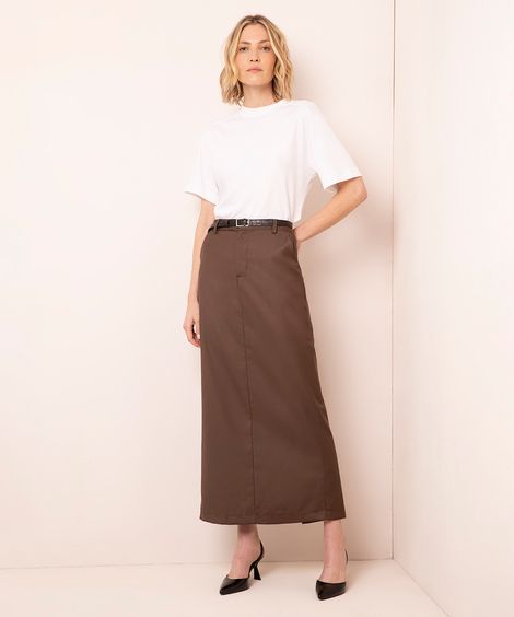 saia midi slit com cinto mindset marrom