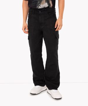 calça de sarja wide leg cargo com bolsos preto