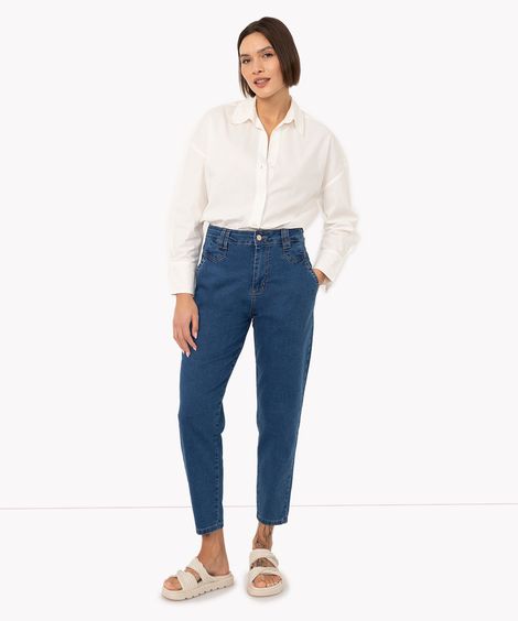 calça jeans mom cintura alta com recorte sawary azul médio