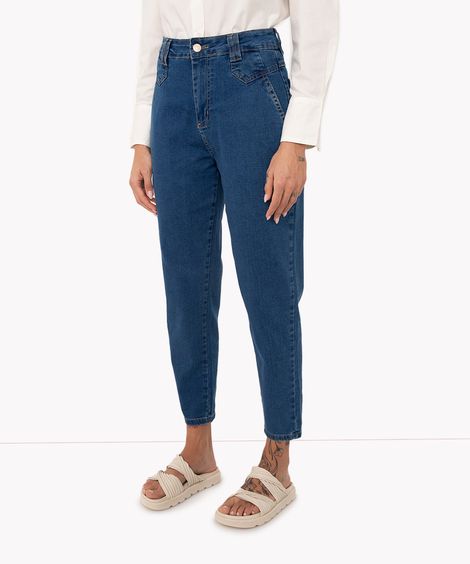 calça jeans mom cintura alta com recorte sawary azul médio