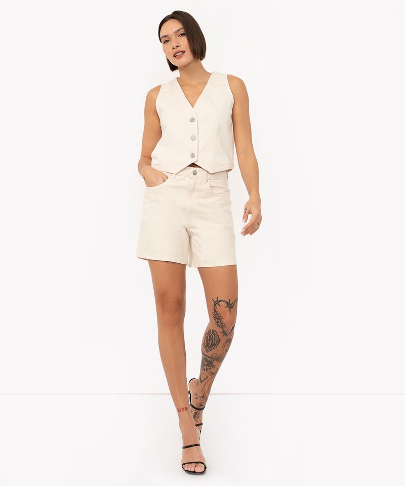 Bermuda De Sarja Cintura Super Alta Com Bolsos Off White