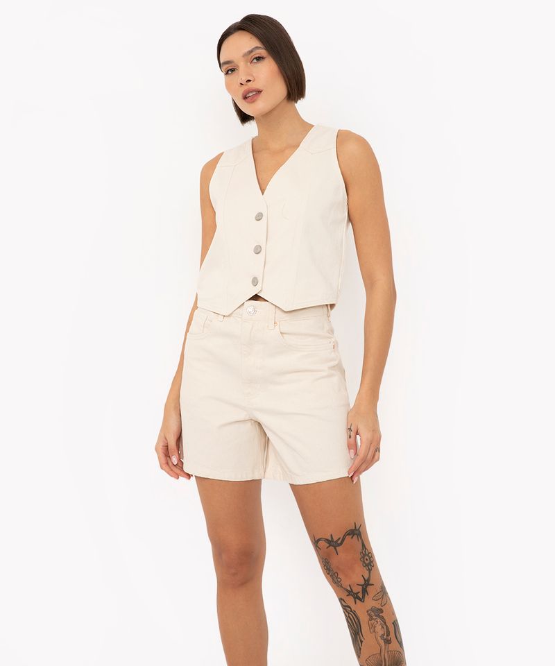 Bermuda De Sarja Cintura Super Alta Com Bolsos Off White