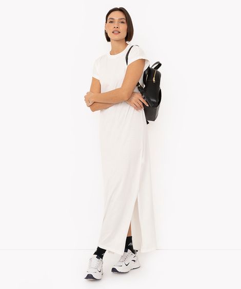 vestido de algodão longo com fenda off white
