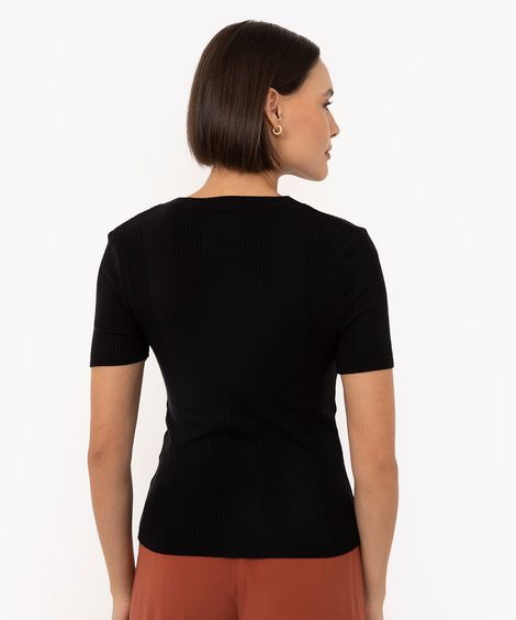 blusa de tricot canelada manga curta preta