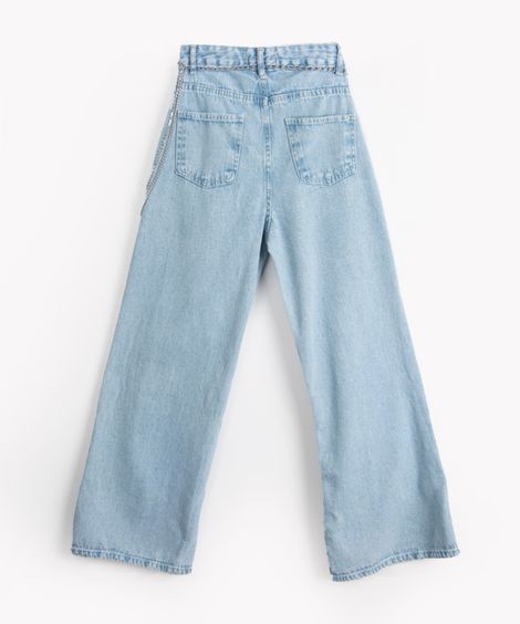 calça jeans juvenil wide leg cut out com correntes azul médio